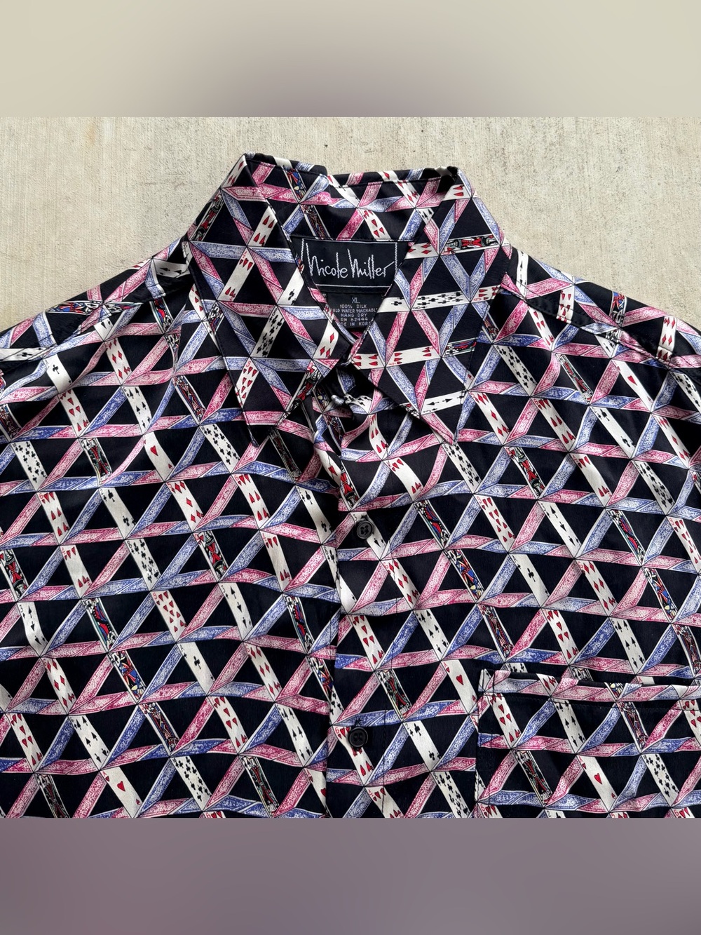 Vintage Nicole Miller Silk Shirt Men Size XL Playing Cards All Over Print